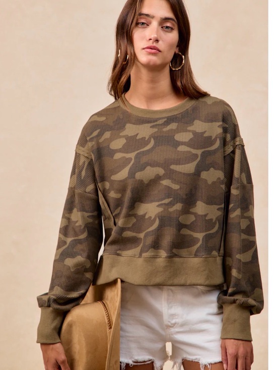 BiBi Sweaters - Camo Waffle Knit Pullover Sweatshirt